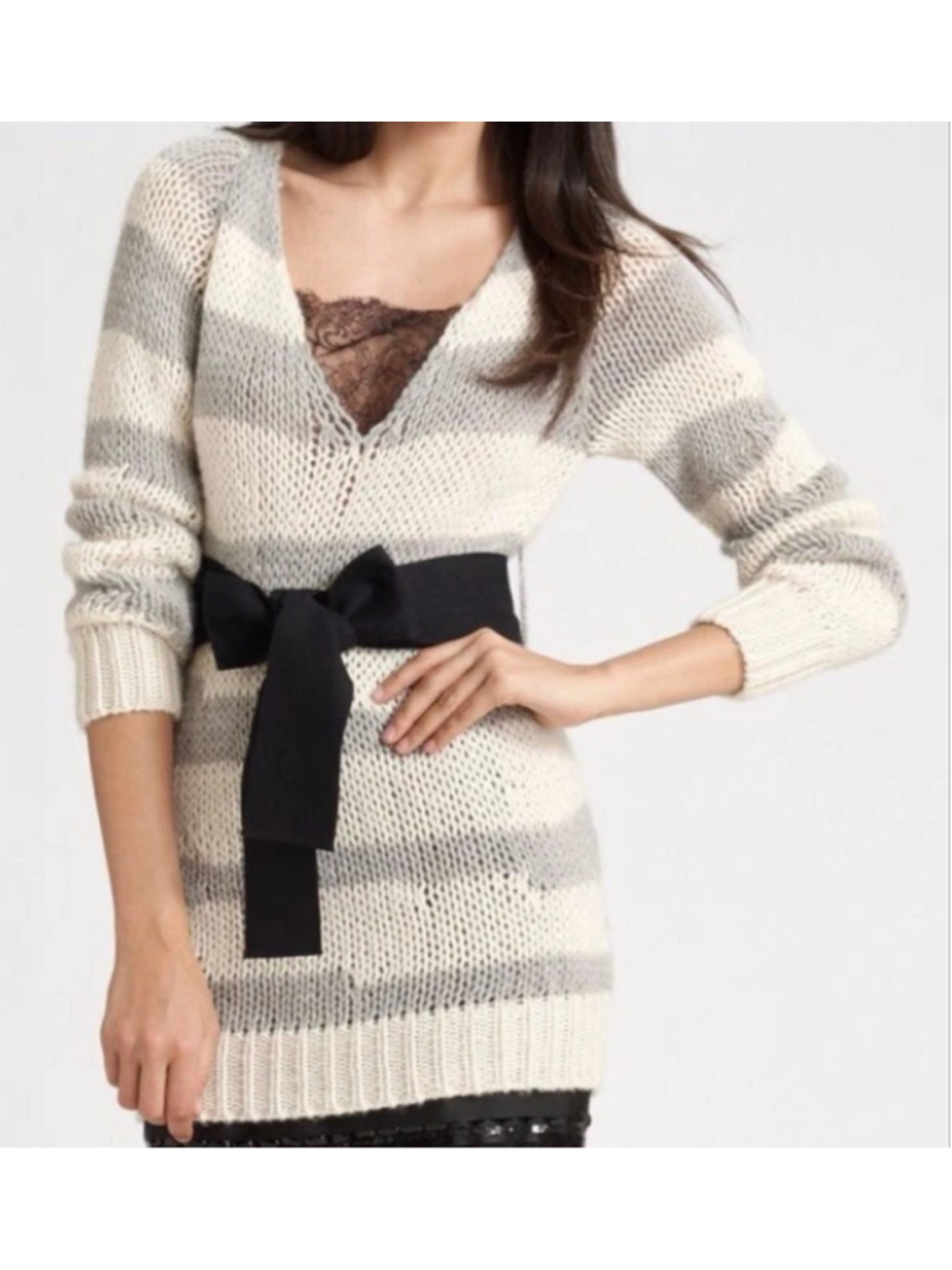 RED Valentino Striped Alpaca Blend Chunky Knit Lace Back Sweater No Belt